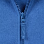Close-up of a blue fleece jacket zipper with a matching blue pull tab.