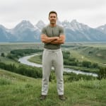 A man in a green t-shirt and grey sweatpants stands with arms crossed on a grassy hill, with a winding river and the Grand Teton mountains in the background.