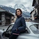 A woman in a navy blue puffer jacket leaning against a classic silver car in a mountain village with snowy peaks behind her.