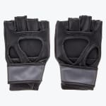 A pair of black fingerless MMA gloves showing the palm side with padded inserts and grey wrist straps on a white background.