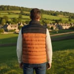 Rear view of a man wearing a black and orange puffer vest and a cream knit sweater, looking out over a green countryside landscape with stone cottages.