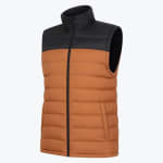 A two-tone puffer vest with a black upper section and a brown lower section, featuring a full-length front zipper and a stand-up collar, shown against a white background.