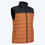 A two-tone puffer vest with a black upper section and collar, and a brown quilted lower section, shown against a white background.