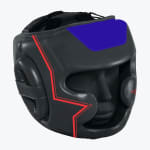 Black boxing headgear with red geometric lines and a blue forehead patch, shown on a black mannequin head.