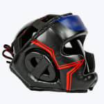 Side view of a black leather boxing headgear with a clear face shield, blue forehead pad, and red decorative lines, isolated on a white background.