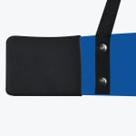 Close-up of a blue strap with a black padded end and a black woven strap attached by two silver rivets against a white background.