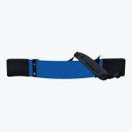 A blue metal bicep arm blaster with black padded elbow rests and an adjustable black neck strap, isolated on a white background.
