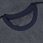 Close-up of a dark grey sweatshirt with a dark blue ribbed crew neck collar.