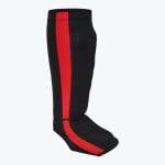 A black slip-on shin and instep guard with a prominent red stripe on the side, isolated on a white background.