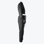 A side profile view of a black martial arts uniform with a white belt on a white background.