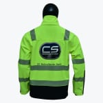 Back view of a neon yellow high-visibility safety jacket with reflective stripes and the CS Bahndienste GmbH logo on a black mannequin.