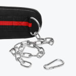 Close-up of a black padded dip belt with a red stripe, featuring a steel chain attached to a D-ring and a separate carabiner on a white background.