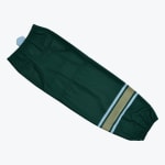 A dark green athletic hockey sock with white and gold stripes near the bottom cuff, displayed on a plain white background.