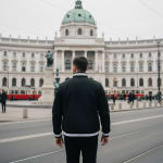 A man seen from behind wearing a black bomber jacket with white trim, standing in front of the historic Hofburg Palace with its green dome in Vienna, Austria.