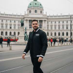 A man in a black bomber jacket and black pants walks across a street in front of a grand European building with a green dome.