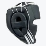 Side view of a black leather boxing head guard with white stripes and padded ear protection on a white background.