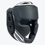A black leather boxing headgear with white stripes on the side, shown from a three-quarter angle against a white background.