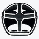 Top view of a black and white padded boxing headguard with a cross-shaped strap design on a white background.