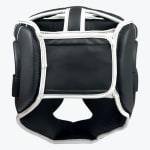 Back view of a black and white padded boxing headgear with a hook-and-loop closure flap on a white background.