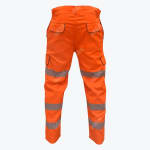 Back view of high-visibility orange work pants with reflective silver stripes on the legs and flap pockets on the back and sides.