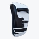 A black and white curved Thai kick pad with a padded handle and two adjustable forearm straps, isolated on a white background.