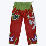 A pair of red and green graphic pants featuring the Trix cereal logo and the Trix Rabbit character on a white background.