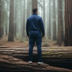 Back view of a man in a navy blue tracksuit standing on a large fallen redwood log in a misty, foggy forest.