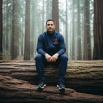 A man in a navy blue tracksuit sits on a large fallen redwood log in a foggy, dense forest.