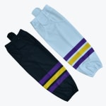 Two hockey socks, one black and one white, both with purple and yellow stripes, displayed on a white background.