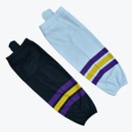 Two hockey socks, one black and one white, both featuring purple and yellow horizontal stripes, laid out diagonally on a white background.