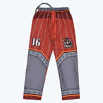 A pair of red and grey custom athletic pants featuring a pinstripe pattern, the number 16, a Barrels logo, and a riveted metal plate design on the lower legs.