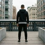 Back view of a man in a black hoodie and sweatpants standing on a wooden elevated walkway surrounded by city buildings.