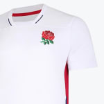 Close-up of a white England Rugby jersey featuring the red rose crest on the chest.
