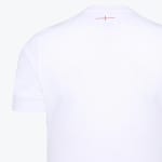 Close-up of the back of a white t-shirt showing a small red cross detail near the neckline.
