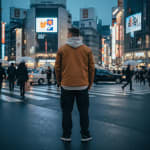 A man from behind wearing a brown jacket and grey hoodie stands in the middle of a wet, busy Tokyo street crossing at dusk.