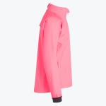 Side view of a bright pink lightweight jacket with a high collar and dark grey cuffs on a white background.
