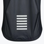 Close-up of the back of a dark grey cycling vest showing seven horizontal white reflective stripes in the center.