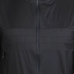 A close-up view of a black zippered jacket with horizontal quilted panels.
