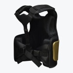 A black protective body armor vest with adjustable straps and a gold side plate, isolated on a white background.