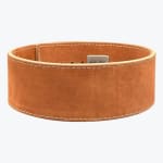 A tan suede powerlifting belt with white stitching, shown in a circular shape against a plain white background.