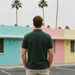 Rear view of a man in a dark green polo shirt and khaki pants standing in front of a pastel-colored motel with palm trees in the background.