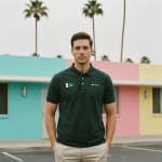 A man in a dark green polo shirt with a Pakistan flag and Podium logo standing in front of a pastel blue, pink, and yellow building.