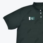 A dark green polo shirt with a Pakistan flag patch on the chest and a repeating embossed logo pattern.