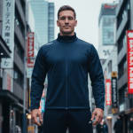 A man in a dark blue zip-up athletic tracksuit standing in the middle of a city street with Japanese signs in the background.