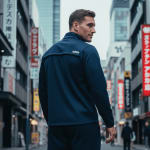 A man from behind wearing a navy blue Adidas jacket, looking over his shoulder on a city street with Japanese signs.
