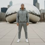 A man in a matching grey hoodie and sweatpants stands in front of the large, reflective Cloud Gate sculpture in Chicago.