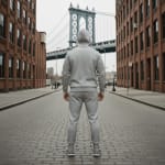 A man in a grey hoodie and sweatpants stands with his back to the camera in the middle of a cobblestone street in Brooklyn, looking towards the Manhattan Bridge framed by brick buildings.