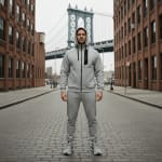 A man in a grey hooded tracksuit stands on a cobblestone street in DUMBO, Brooklyn, with the Manhattan Bridge framed by brick buildings in the background.
