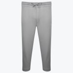 A front-facing studio shot of light grey jogger sweatpants with a drawstring waist and ribbed cuffs on a plain white background.