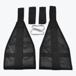 A set of black hanging ab straps with two padded arm slings, two extension straps, and two silver carabiners on a white background.